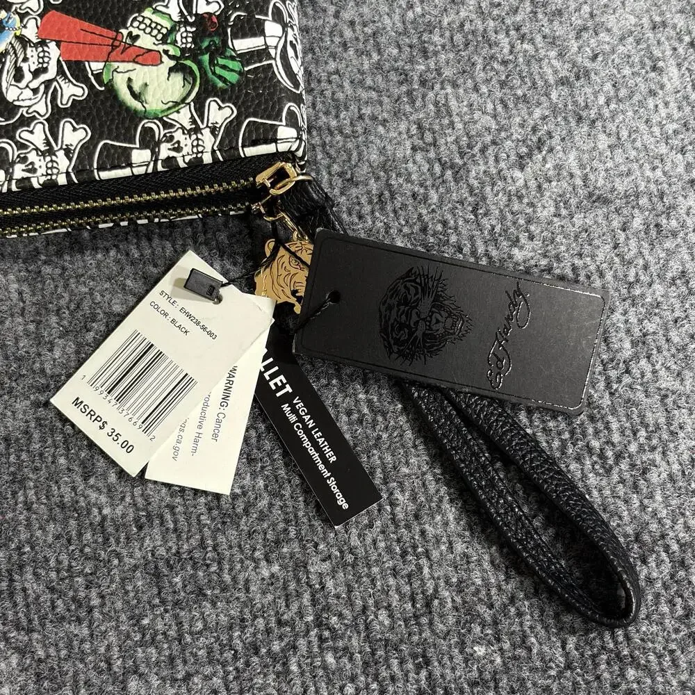 Ed Hardy Wallet Wristlet Womens One Size Black Skull Tiger Tattoo Zip Around